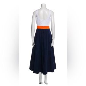 STAUD White and Navy Midi Dress with Orange Accent